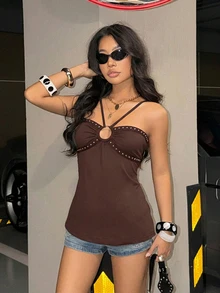 StreetHx 2000s Style Women's Casual Disco Sexy Streetwear, Metal Decor Punk Halter Crop Top Club Party Chocolate Brown Autumn - Coffee Brown - View 5