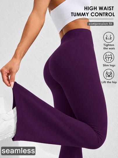 SHEIN Calça de Yoga Flare de Cintura Alta Feminina, Sólida, Sem Costura, Cós Largo, Perna Larga para Academia, Corrida e Exercícios