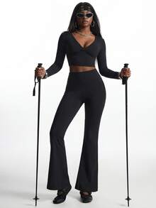 Innovista Innovista Women's Solid Color Long Sleeve Top And Flared Leggings Casual Daily Sports Set - Black - View 10