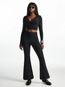 Innovista Innovista Women's Solid Color Long Sleeve Top And Flared Leggings Casual Daily Sports Set - Black - View 15