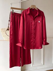 Comfortcana 女款刺繡單排扣上衣與長褲休閒套裝，聖誕居家服，酒紅色，秋季 - 酒紅色 - 查看 5