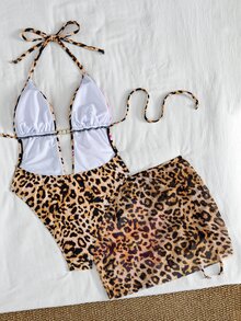 Sirith Printed Random Deep V-Neck Ruched Sexy Beach Vacation Bikini Swimsuit One-Piece With Bodycon Skirt - Multicolor - View 6