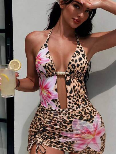 Sirith Printed Random Deep V-Neck Ruched Sexy Beach Vacation Bikini Swimsuit One-Piece With Bodycon Skirt