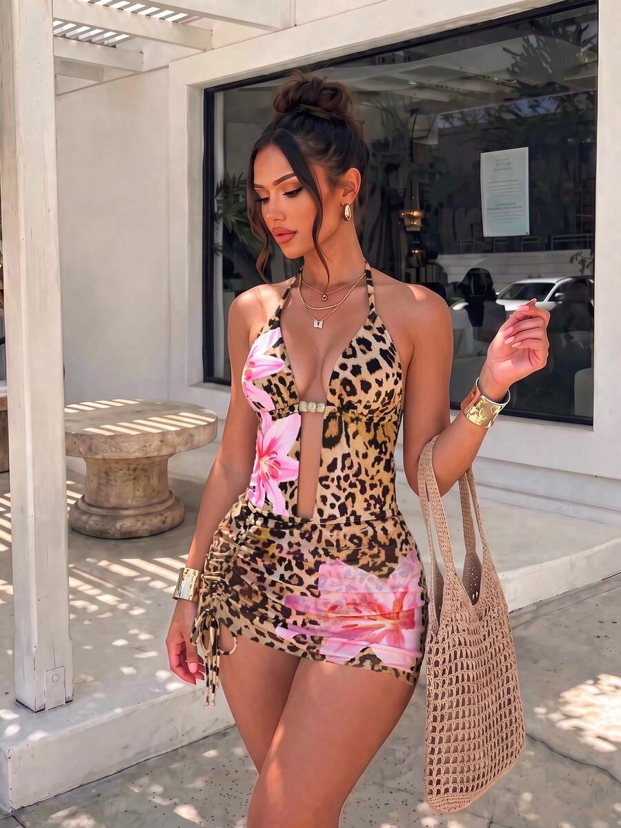 Sirith Printed Random Deep V-Neck Ruched Sexy Beach Vacation Bikini Swimsuit One-Piece With Bodycon Skirt - Multicolor - View 1