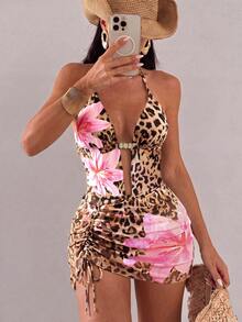Sirith Printed Random Deep V-Neck Ruched Sexy Beach Vacation Bikini Swimsuit One-Piece With Bodycon Skirt - Multicolor - View 2