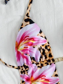 Sirith Printed Random Deep V-Neck Ruched Sexy Beach Vacation Bikini Swimsuit One-Piece With Bodycon Skirt - Multicolor - View 7