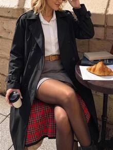 Editum 女款純色休閒商務經典百搭日常長袖風衣外套 聖誕新年造型 秋冬辦公室穿搭 黑色 - 黑色 - 查看 4