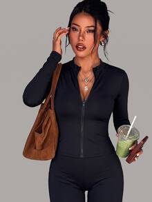 SHEIN Sports Women's Solid Color Zipper Front Long Sleeve Sports Sweatshirt - Black - View 1