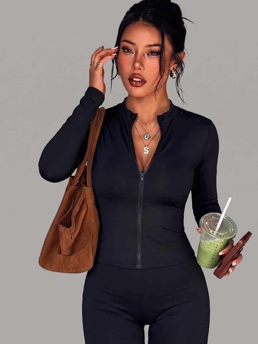 SHEIN Sports Women's Solid Color Zipper Front Long Sleeve Sports Sweatshirt - Black - View 1