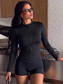 SHEIN Sports Women's Solid Color Zipper Front Long Sleeve Sports Sweatshirt - Black - View 2