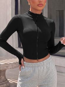SHEIN Sports Women's Solid Color Zipper Front Long Sleeve Sports Sweatshirt - Black - View 4
