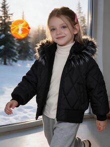 SHEIN Elladie kids 女童冬季黑色連帽厚毛領高腰羅紋修身時尚鋪棉外套，休閒百搭秋冬外套 4-7歲 - 黑色 - 查看 11