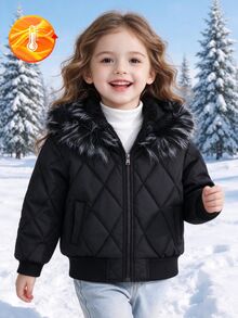 SHEIN Elladie kids 女童冬季黑色連帽厚毛領高腰羅紋修身時尚鋪棉外套，休閒百搭秋冬外套 4-7歲 - 黑色 - 查看 7