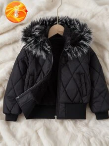 SHEIN Elladie kids 女童冬季黑色連帽厚毛領高腰羅紋修身時尚鋪棉外套，休閒百搭秋冬外套 4-7歲 - 黑色 - 查看 8