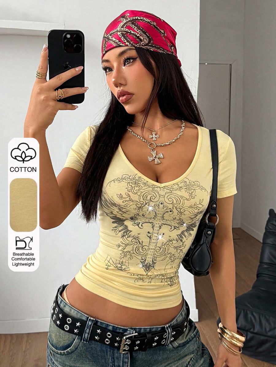 StreetHx Women's Gothic Floral Print Rhinestone V-Neck Short Sleeve Bodycon Street T-Shirt, Punk Style V-Neck Retro T-Shirt - Light Yellow - View 1