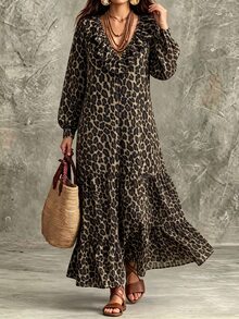 Linhara CURVE Plus Size Women's Fall Vintage Boho Casual Vacation Leopard Print V-Neck Tie Bow Puff Lantern Sleeve Loose Slouchy Ruffle Hem Dress ONLY 1 Piece - Multicolor - View 3
