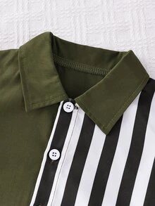 SHEIN 2件組男嬰夏季領口開襟外套套裝 深綠色與黑白條紋短袖上衣 & 短褲 休閒度假穿搭 適合城市短途旅行 - 軍綠色 - 查看 5
