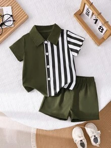 SHEIN 2件組男嬰夏季領口開襟外套套裝 深綠色與黑白條紋短袖上衣 & 短褲 休閒度假穿搭 適合城市短途旅行 - 軍綠色 - 查看 4