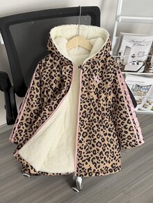 SHEIN 少女款豹紋連帽冬季外套，Y2K 西部風長袖上衣，秋季新款，度假風豹紋天鵝絨加厚夾克 - 棕色 - 查看 6