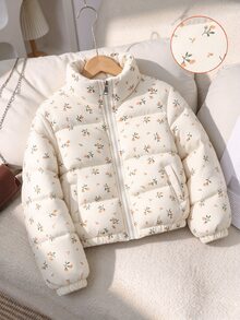 SHEIN 女童 3D 紋理布料印花加厚保暖收腰拉鍊連帽外套，可愛西式冬季外套，天鵝絨加厚款，適合秋冬 - 杏色 - 查看 4