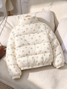 SHEIN 女童 3D 紋理布料印花加厚保暖收腰拉鍊連帽外套，可愛西式冬季外套，天鵝絨加厚款，適合秋冬 - 杏色 - 查看 2