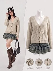 Elamini Women's Fall/ Lazy Fashion Versatile Sweet Style Daily Streetwear Casual Photo-Worthy Cable Knit Cardigan Brunch Beige - Apricot - View 2