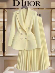 GlowEve Women's Gold Button Decor Blazer + Pleated Skirt Elegant Everyday Commute Versatile Minimalist Fashion Yellow 2 Pieces Set Fall Cloth For Women - Light Yellow - View 1