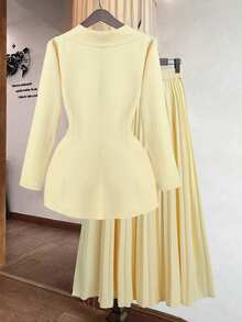 GlowEve Women's Gold Button Decor Blazer + Pleated Skirt Elegant Everyday Commute Versatile Minimalist Fashion Yellow 2 Pieces Set Fall Cloth For Women - Light Yellow - View 2