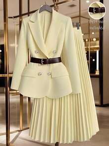 GlowEve Women's Gold Button Decor Blazer + Pleated Skirt Elegant Everyday Commute Versatile Minimalist Fashion Yellow 2 Pieces Set Fall Cloth For Women - Light Yellow - View 7