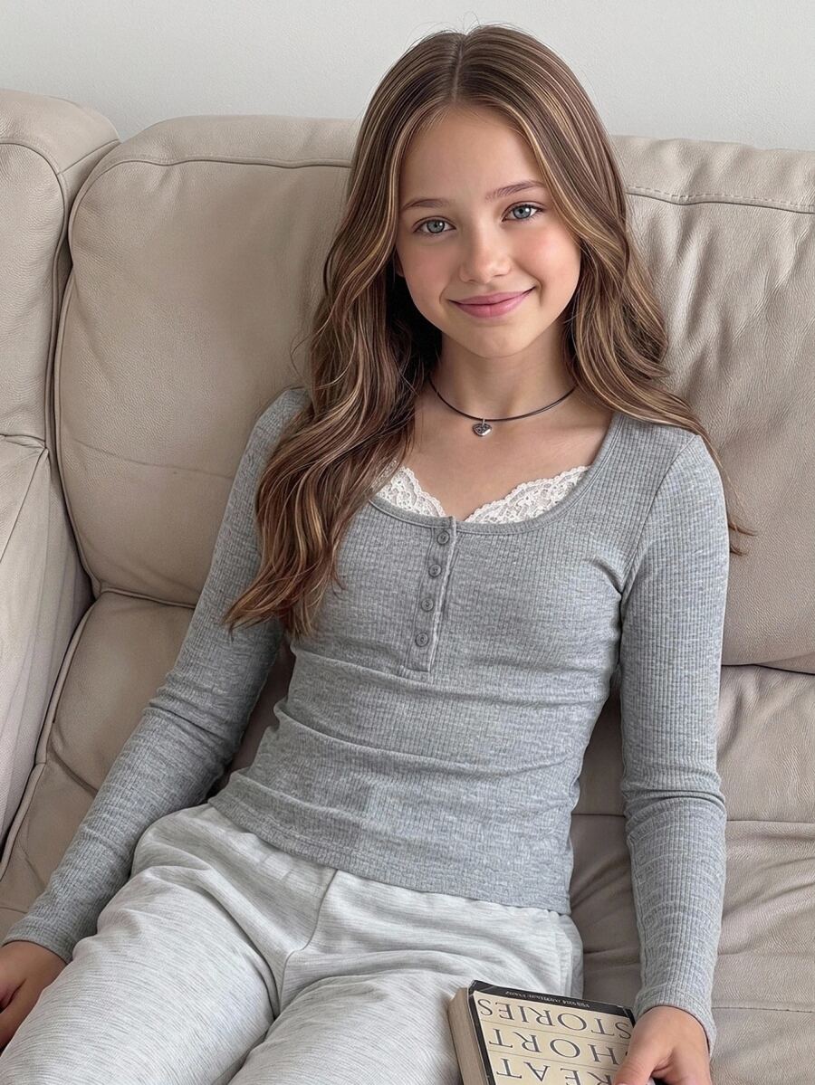 SHEIN Tween Girl Tween Girl T-Shirts Burgundy Short Sleeve T-Shirt, Y2K Retro Casual Girl Lace Trim, Ruched For Everyday Style - Light Grey - View 1