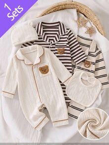 新生兒居家套裝 韓系小熊連身衣 3件組 紋理布料 熊刺繡 翻領居家服 含帽子與圍兜 爬行服 - 杏色 - 查看 1