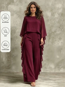 Velvienne Autumn/Winter Burgundy Luxury Elegant Evening Cocktail Dinner Formal Wedding Gown Set, Sophisticated Lady Style, Atmospheric Plus Size 2 Pieces Outfit - Burgundy - View 1