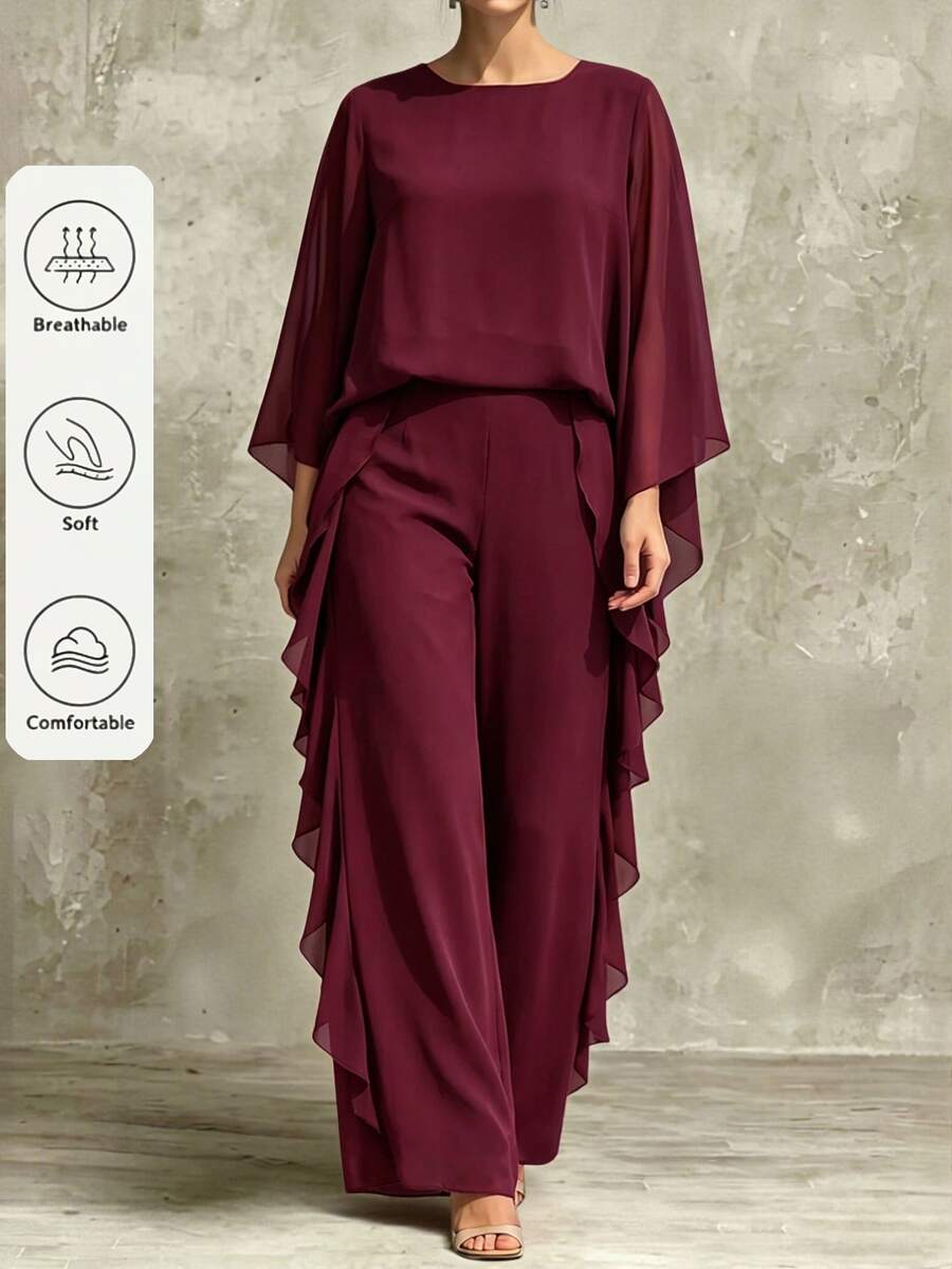 Velvienne Autumn/Winter Burgundy Luxury Elegant Evening Cocktail Dinner Formal Wedding Gown Set, Sophisticated Lady Style, Atmospheric Plus Size 2 Pieces Outfit - Burgundy - View 1