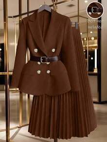 GlowEve Women's Gold Button Decor Blazer + Pleated Skirt Elegant Everyday Commute Versatile Minimalist Fashion Yellow 2-Piece Set - Chocolate Brown - View 8