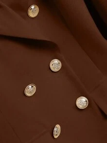 GlowEve Women's Gold Button Decor Blazer + Pleated Skirt Elegant Everyday Commute Versatile Minimalist Fashion Yellow 2-Piece Set - Chocolate Brown - View 5