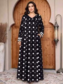 Lacomfia Black Polka Dot Print Plus Size Women's Fashion V-Neck Long Sleeve Pocket Design Loose Flared Casual Dress, Spring/Autumn Long Dress, Arabic Style Robe - Multicolor - View 6