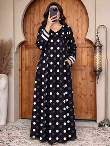 Lacomfia Black Polka Dot Print Plus Size Women's Fashion V-Neck Long Sleeve Pocket Design Loose Flared Casual Dress, Spring/Autumn Long Dress, Arabic Style Robe - Multicolor - View 1