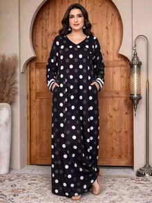 Lacomfia Black Polka Dot Print Plus Size Women's Fashion V-Neck Long Sleeve Pocket Design Loose Flared Casual Dress, Spring/Autumn Long Dress, Arabic Style Robe - Multicolor - View 4