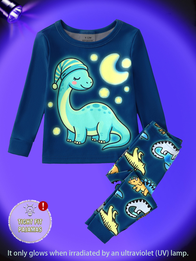 2pcs/Set Boys Cute Cartoon Dinosaur Print Pattern, Pants With All-Over Dinosaur Print, Glow-In-The-Dark With UV Light, Tight-Fitting Home Long Sleeve Long Pants Set, Playful And Cute, Round Neck Design, Elastic Waistband For Easy On And Off, Home Leisure, Daily Outings, Walking And Playing, Spring And Autumn Snug Fit