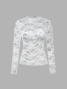 Sweetra Women's Elegant Contrast Lace Blouse With Stand Collar And Long Sleeves (Random Cutting), Spring/Summer Y2K Fall Top For Women - White - View 3