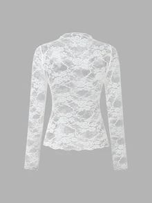 Sweetra Women's Elegant Contrast Lace Blouse With Stand Collar And Long Sleeves (Random Cutting), Spring/Summer Y2K Fall Top For Women - White - View 2