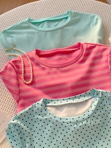 Comfortcana Women's Solid/Polka-Dot/Striped Print Crew-Neck Casual T-Shirt (3-Pack) - Multicolor - View 5