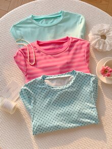 Comfortcana Women's Solid/Polka-Dot/Striped Print Crew-Neck Casual T-Shirt (3-Pack) - Multicolor - View 4