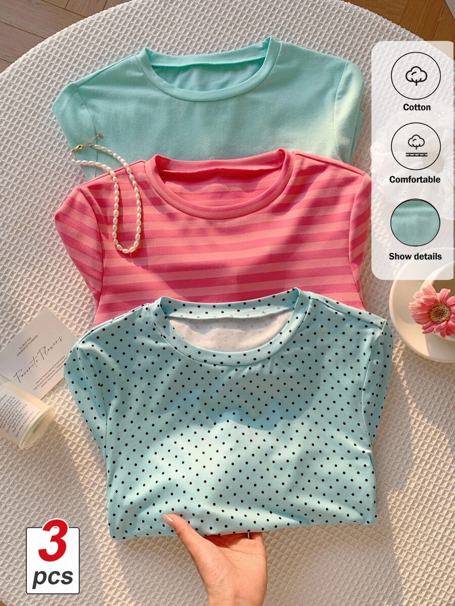 Comfortcana Women's Solid/Polka-Dot/Striped Print Crew-Neck Casual T-Shirt (3-Pack) - Multicolor - View 1