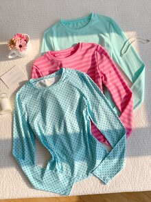 Comfortcana Women's Solid/Polka-Dot/Striped Print Crew-Neck Casual T-Shirt (3-Pack) - Multicolor - View 6