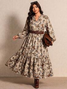 Elaquor Plus Size Floral Print Lantern Sleeve Dress - Elegant Casual Outing Dress - Multicolor - View 4