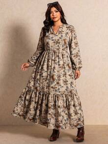 Elaquor Plus Size Floral Print Lantern Sleeve Dress - Elegant Casual Outing Dress - Multicolor - View 5