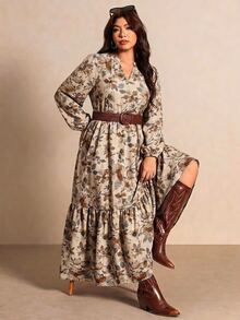 Elaquor Plus Size Floral Print Lantern Sleeve Dress - Elegant Casual Outing Dress - Multicolor - View 7