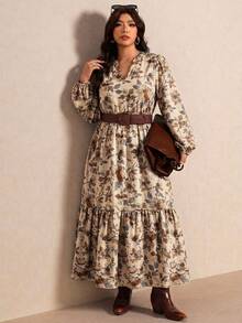 Elaquor Plus Size Floral Print Lantern Sleeve Dress - Elegant Casual Outing Dress - Multicolor - View 3