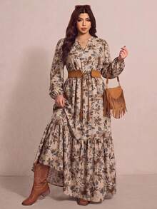 Elaquor Plus Size Floral Print Lantern Sleeve Dress - Elegant Casual Outing Dress - Multicolor - View 1